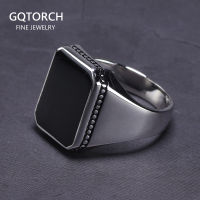 Real Solid 925 Sterling Silver Ring Simple For Men With Black Square Flat Gel Stone High Polishing Middle East Turkish Jewelry