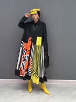 XITAO Print Pattern Striped Dress Fashion Full Sleeve Pullover Goddess Fan Casual Style Pleated Minority Dress FBB1589