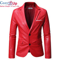 Cozy เสื้อแขนยาวผู้ชาย Blazer สีทึบหนังสังเคราะห์บางปุ่มสองปุ่ม