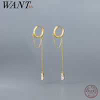 WANTME 925 Sterling Silver Tassel Chain Square Zircon Ear Buckle for Women Trendy Exquisite Wedding Earrings Jewelry Accessories