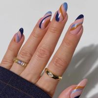 24pcs Long Almond False Nails With Colorful Wave Lines Design Press Glue Type Wearable Full Cover Fashion Manicure Fake Nail Tip