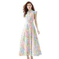 Womens Dress New Fashion 2023 Autumn Stand Up Collar Lantern Sleeve Wide Skirt Placed Pleated Long Printed Dress