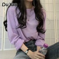 Du YAN เสื้อยืดแขนยาวสำหรับผู้หญิง,เสื้อนักเรียนทรงหลวมฉบับภาษาเกาหลีสีทึบใหม่