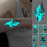 Blue Luminous Glow Tattoo Sticker Mountain Moon Waterproof Temporary Tatoo Nature Forest Sea Fake Tatto For Body Art Women Men Stickers