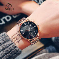 GUOU 8095นาฬิกาอเนกประสงค์สำหรับผู้ชาย,สายรัดเหล็กปฏิทินหน้าปัดใหญ่แฟชั่นนาฬิกาควอตซ์นาฬิกาสำหรับผู้ชาย