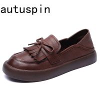 Autuspin 3cm Retro Genuine Leather Casual Flats Women Comfy Soft Soled Loafers Females Daily Working Oxfords Shoes Four Season