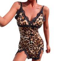 【jw】☎☈▫  Leopard Pattern Fun V-Neck Back Pajama Wrapped Waist Tight Sleeping