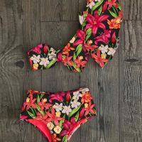 One Shoulder Bikini Set 2022 Sexy Ruffle Swimwear Women Swimsuit High Waist Bathing Suit Beachwear Red Print Biquini Female