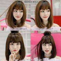 wigs วิกผม ทรงบ็อบ  มีหน้าม้า ทำจากเส้นไหมเกรดเอ มีศรีษะเสมือนจริง สีน้ำตาลทองโคนดำ