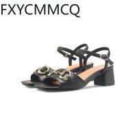 FXYCMMCQ 2023 Womens Summer New Leather Buckle Mid-heel Sandals Size 32-46 23-17A