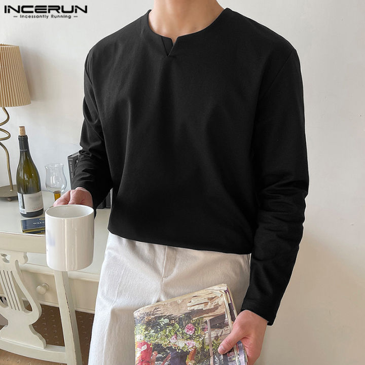 incerun-เสื้อยืดคอวีคอวีสำหรับผู้ชาย-เสื้อยืดลำลองแบบสวมหัวแขนยาวเสื้อยืดธรรมดาเรียบ