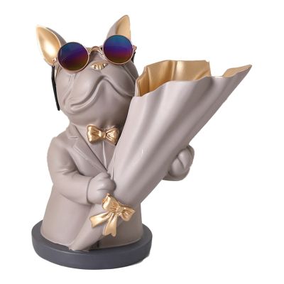 Home Decor Figurine Miniature French Bulldog Sculpture Desktop Flower Vase Table Decoration Modern Decorative Statue