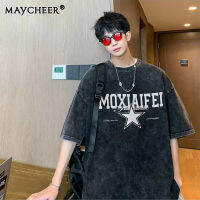 MAYCHEER  เสื้อแขนสั้นแนววินเทจของผู้ชายเสื้อลำลองแขนสามส่วนแบรนด์อินเทรนด์ทรงหลวม