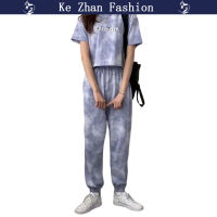 Ke Zhan ชุดกีฬาผู้หญิง2ชิ้น,ชุดลำลอง Zhan SuiKe Zhan TrendKe Zhan Tie-Dye ShorKe Zhan Sleeve-ShirKe Zhan Pants ชุดสองชิ้น