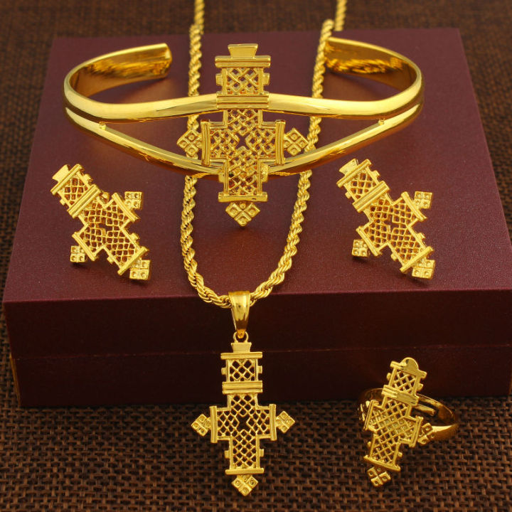 ชุดเครื่องประดับเอธิโอเปียร้อน24k-gold-color-coptic-crosses-ชุดเคนยาไนจีเรียซูดานเอริเทรียhabasha-เครื่องประดับจัดงานแต่งงาน