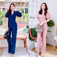 แฟชั่นใหม่(TW14018)  Jumpsuit จั๊มสูทขายาว แขนพองสม๊อคปลายแขน