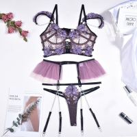 2023 Korean Off Shoulder Floral Embroidery Lingerie Set Women Chain Erotic Set Luxury Mesh Ball Gown Brief Kit