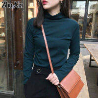 Zhu Xia Semi-High Collarเสื้อสตรีต่ำ S Newทึบสีป่าSlimเสื้อแขนยาวนักเรียนหญิงด้านบน