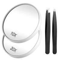 AMSIC 10X &amp; 20X Magnifying Makeup Mirror with 2 Suction Cup Portable Magnifier Travel Set for Eyebrow Tweezing 3.5 Inch (Mirror)