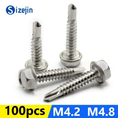 100PCS 410 Stainless Steel Outer Hexagonal Head Self-drilling Screw M4.2 M4.8 Washer with Rubber Self-tapping Dovetail Bolts Nails Screws Fasteners