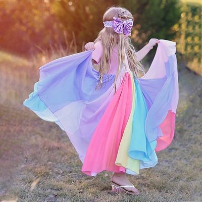〖jeansame dress〗1 2 3 4 5 6 7 8ปีสายรุ้งสาวฤดูร้อนชุดเด็กที่มีสีสันแกว่ง F Lared ชุดเด็กงานเลี้ยงวันเกิดเสื้อผ้าสีชมพูสำหรับเด็ก