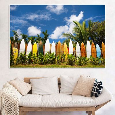 NewSurfboards In Beach ภาพวาดผ้าใบ Wall Art Hawaiian Surfboard โปสเตอร์และพิมพ์ภาพภูมิทัศน์สำหรับตกแต่งห้องนั่งเล่น