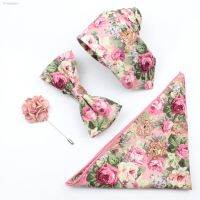 ❆❉❀ New Colorful Cotton Floral Men Tie Brooch Set Pink White Yellow Necktie Bowtie Suit Vintage For Groom Business Wedding Party