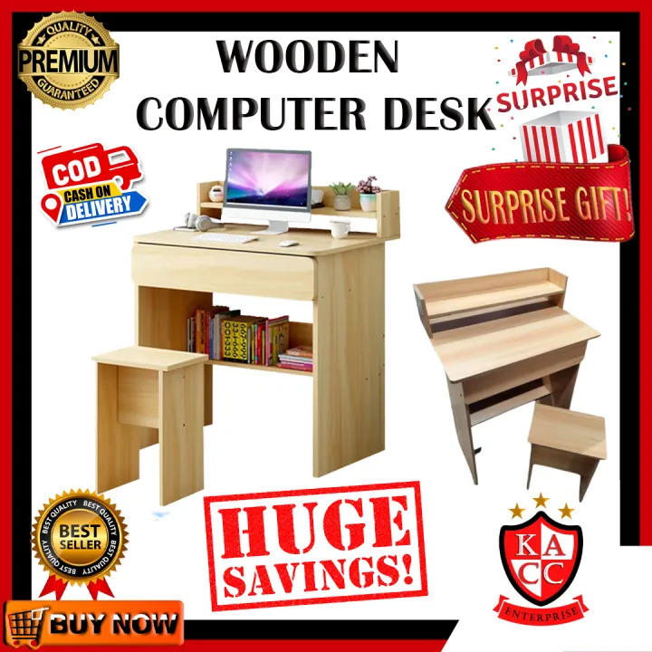 [KACC] Wooden Computer Table Wood With Chair Laptop Table Light Brown