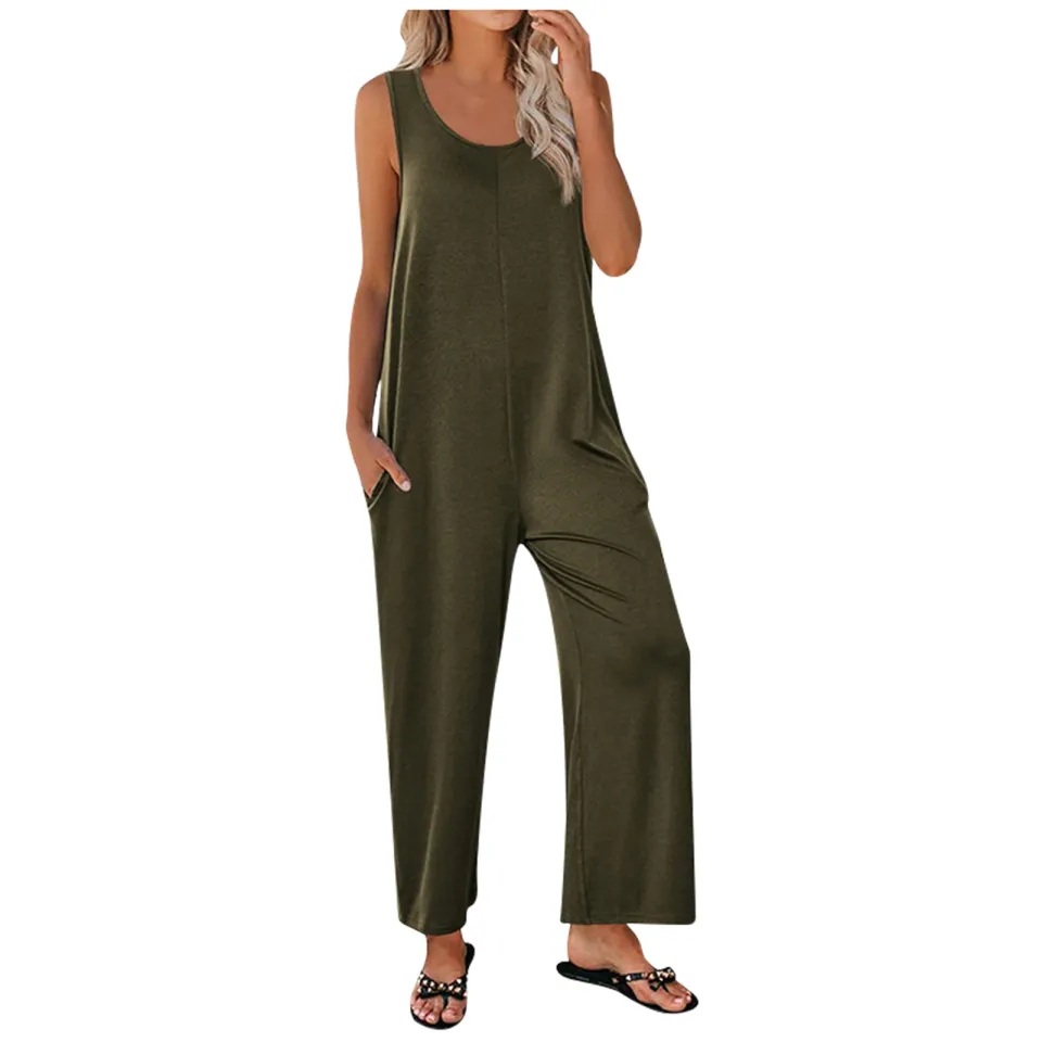 Loose solid cheap tank jumpsuit