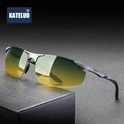 KATELUO Day Night Vision Goggles Anti-glare Glasses for Driving Mens Polarized Sunglasses Rimless Sunglasses for Men 8179 xy2