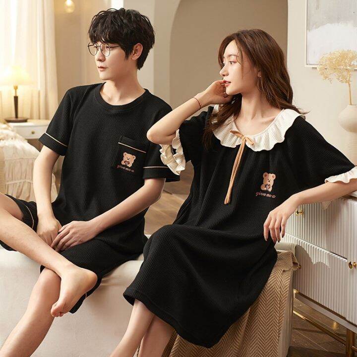 2023-new-fashion-waffle-cotton-sleepwear-for-couples-summer-short-mens-pajamas-set-womens-sleeping-dress-female-male-pjs