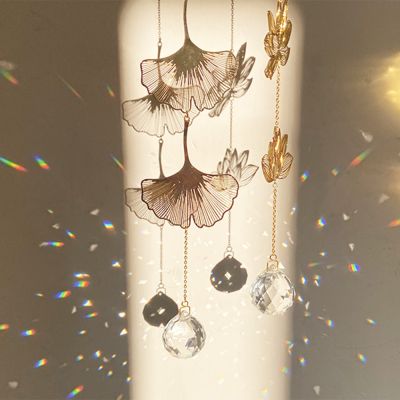 Crystal Prism Sun Catcher Hanging Decoration Lotus &amp; Ginkgo Leaf Pendant Rainbow Chaser Home Garden Boho Window Art Dream Gift Key Chains