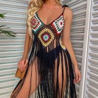 CROCHET BIKINI Boho Cover Up Sexy Hollow Fringe Hem Beach Dress 2023 Summer Women Bathing Suits Beachwear Tunics Skirt