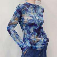 Yedinas Blue Tie Dye Long Sleeve T-shirts Women Personality Painting Printed See Through Mesh Tee Shirts Sexy Slim Designer Tops