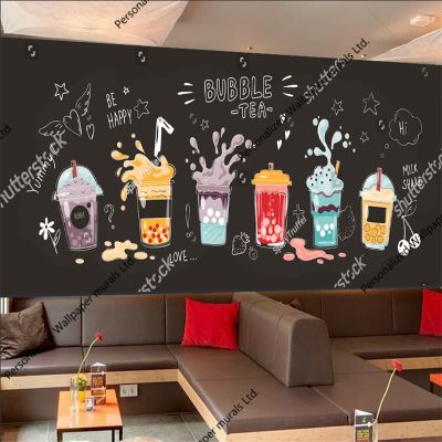 Custom 3D Wallpaper Bubble Tea Cartoon Hand Drawn Sweet Drink Yummy Milk Shakes Dessert Shop Industrial Decor Wall Papers