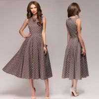 COD SDFGERTYTRRT Vintage Polka Dot Swing Party Dresses Women Sleeveless O-neck Elegant Dress Casual Boho Midi Dress