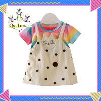 【จัดส่งที่รวดเร็ว✨】Baby Girls Cotton Rainbow Striped Dress Sweet Cartoon Skin-friendly Short Sleeve Classic Round Neck Fake Two-piece Princess Dress