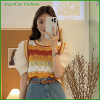 AngelCity เสื้อแขนสั้นลายทางเรโทรเสื้อผู้หญิงคอกลมเสื้อยืดถักร้านแฟชั่นฤดูร้อน