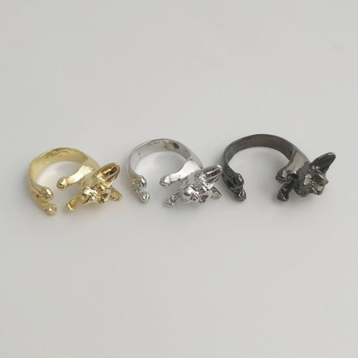 แหวนนิ้วคลื่นแรงโน้มถ่วงรูปร่างประณีตสีสดใส-แหวนแต่งงานบูลด็อกฝรั่งเศสวินเทจทำจากอัลลอยด์สำหรับผู้หญิงแหวนสัตว์แนวเรโทร