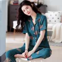 Brand Cotton Women Pajamas Sets Leaf Print Large Size Lady Sleepwear Womens Pijamas Suit Home Clothes Pyjama Femme M-3XL