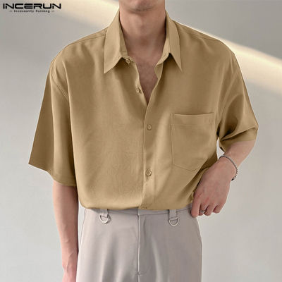 INCERUN เสื้อคาร์โก้ผู้ชายแขนสั้นมีกระเป๋าติดเครื่องเสื้อคอปกอัจฉริยะอย่างเป็นทางการ (สไตล์เกาหลี)