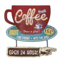 ป้ายสังกะสี Fresh Coffee, Open 24 Hours (ปั๊มนูน)