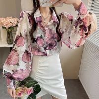 ❁♙ Vintage bubble sleeve temperament floral shirt long sleeve loose chiffon blouse design sense small popular light familiarity lapel top fashional ladies clothes tops