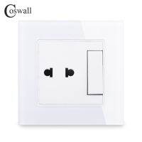 COSWALL 2 Hole Universal Wall Socket With 1 Gang 2 Way Pass Through On / Off Stair Rocker Light Switch Switched Glass Panel