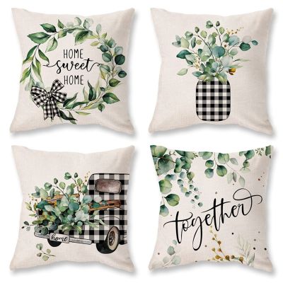 Spring Pillow Covers 18X18 Set Of 4 Spring Decorations Eucalyptus Leaves Farmhouse Throw Pillow Home Decors Cushion Case