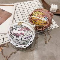 Graffiti Round Ball Bags for Women 2021 Trend PU Leather Basketball Purses and Mini Handbags Chain Shoulder Crossbody Bags