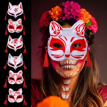 Pink Cherry Blossoms Fox Masks Anime Cosplay Japanese Half Face Cat Mask  Masquerade Festival Kabuki Kitsune Masks Party Props