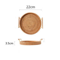 Handwoven Rattan Food Storage Tray With Wooden Handle Round Wicker Basket Bread Plate Fruit Cake Platter Dinner Serving Tea Tray