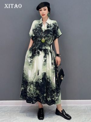 XITAO Dress Retro Ink Printed Women Clothing Shirt Dress