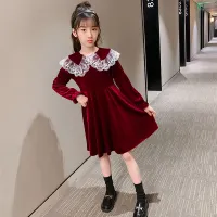 Burdy Velvet Winter Dress for Girls Christmas Kid Outfit Lace Flower Princess Elegant Dresses Children Clothes 4-14 Years Old